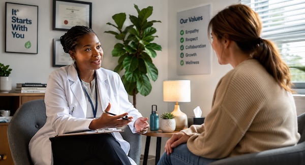clinician in an office motivational interviewing a client